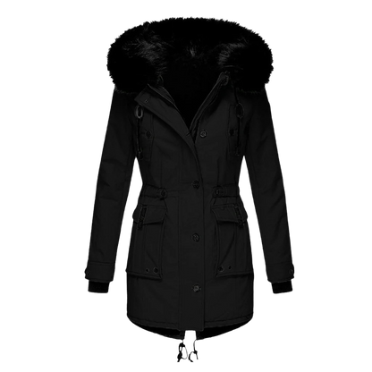 Lange dames winterjas met capuchon, gewatteerde stof en stevige rits, voor stijlvolle warmte en bescherming in de winter.