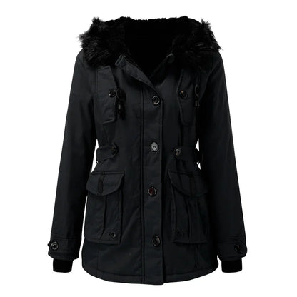 Lange dames winterjas met capuchon, gewatteerde stof en stevige rits, voor stijlvolle warmte en bescherming in de winter.