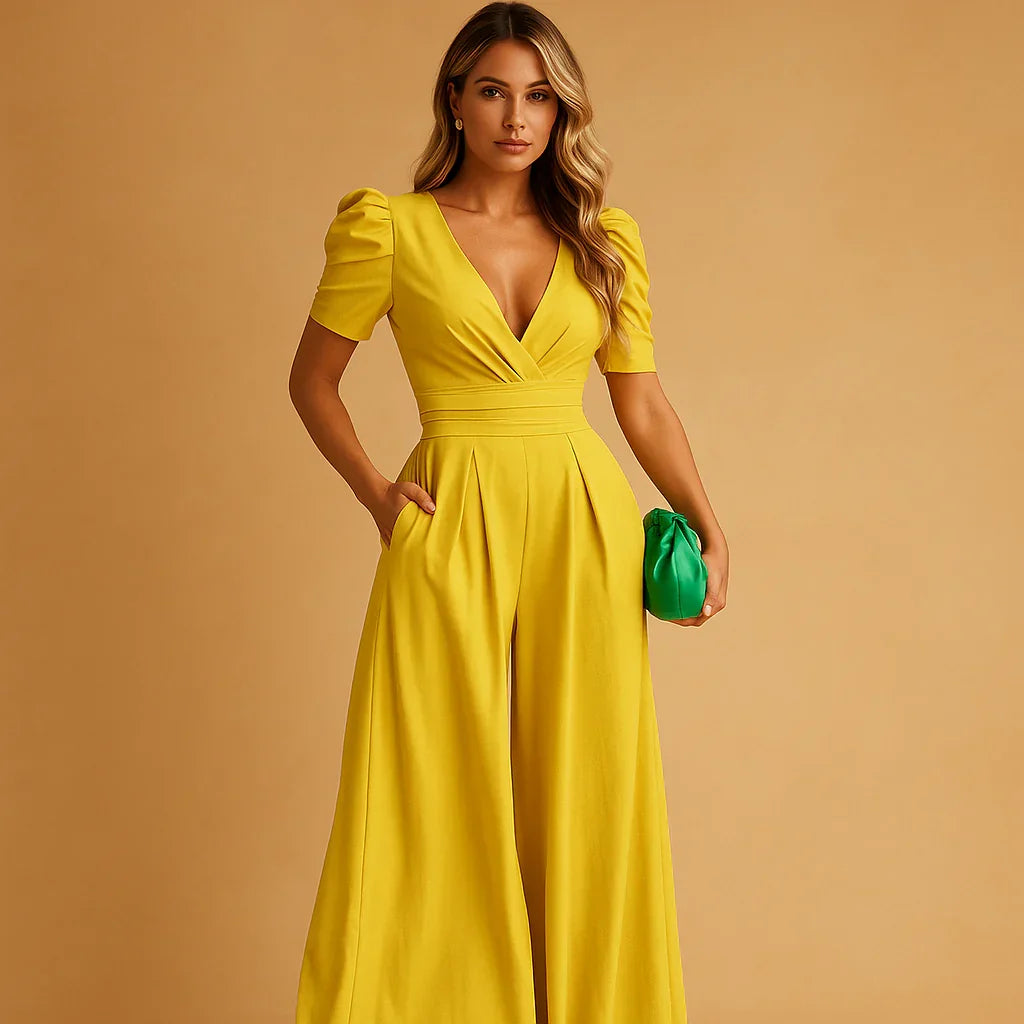 Chique lange dames jumpsuit met elegante pofmouwen, ideaal als galajumpsuit of feestkleding.