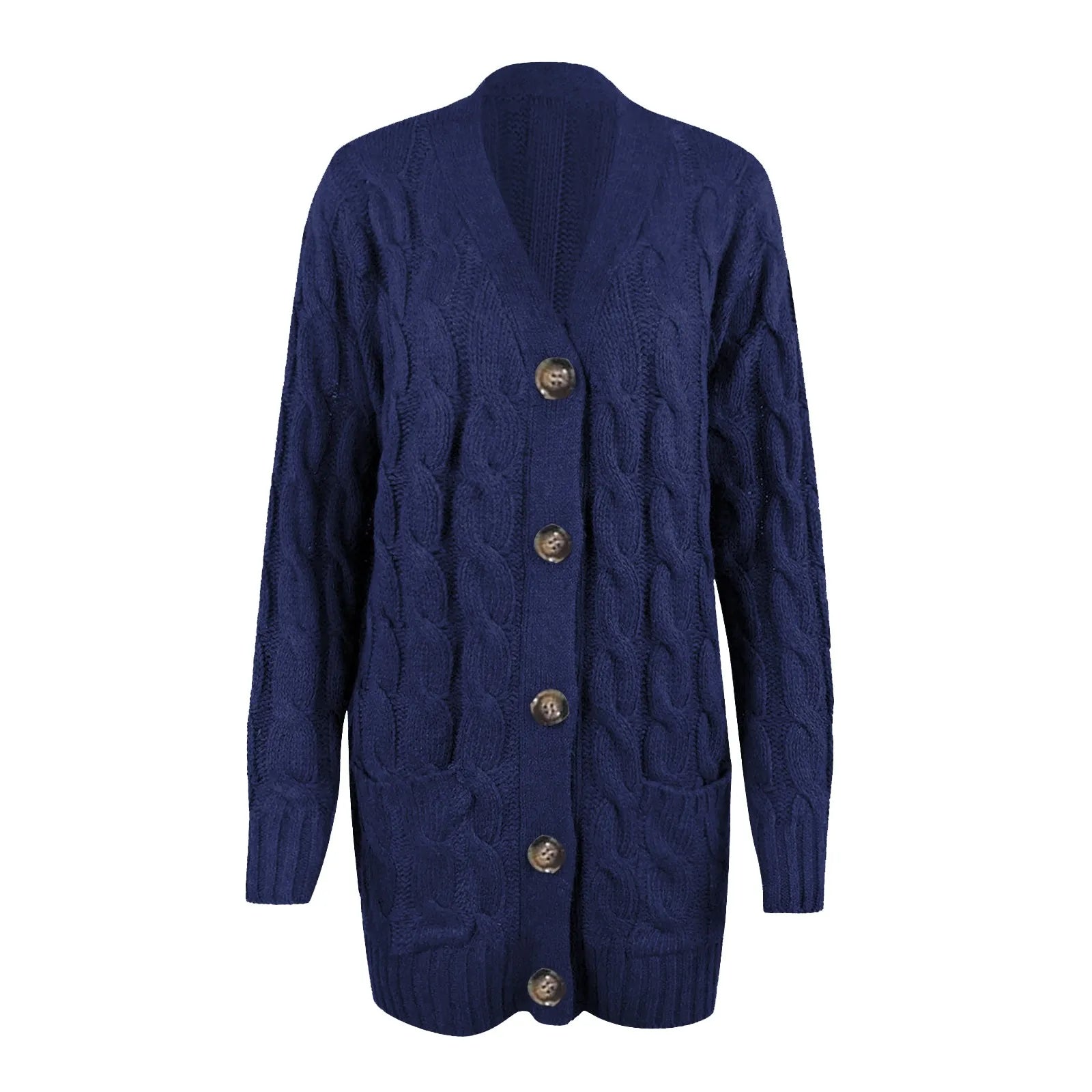 "Lange gebreide damescardigan in zachte stof met knoopsluiting en zakken, ideaal voor casual lente looks."