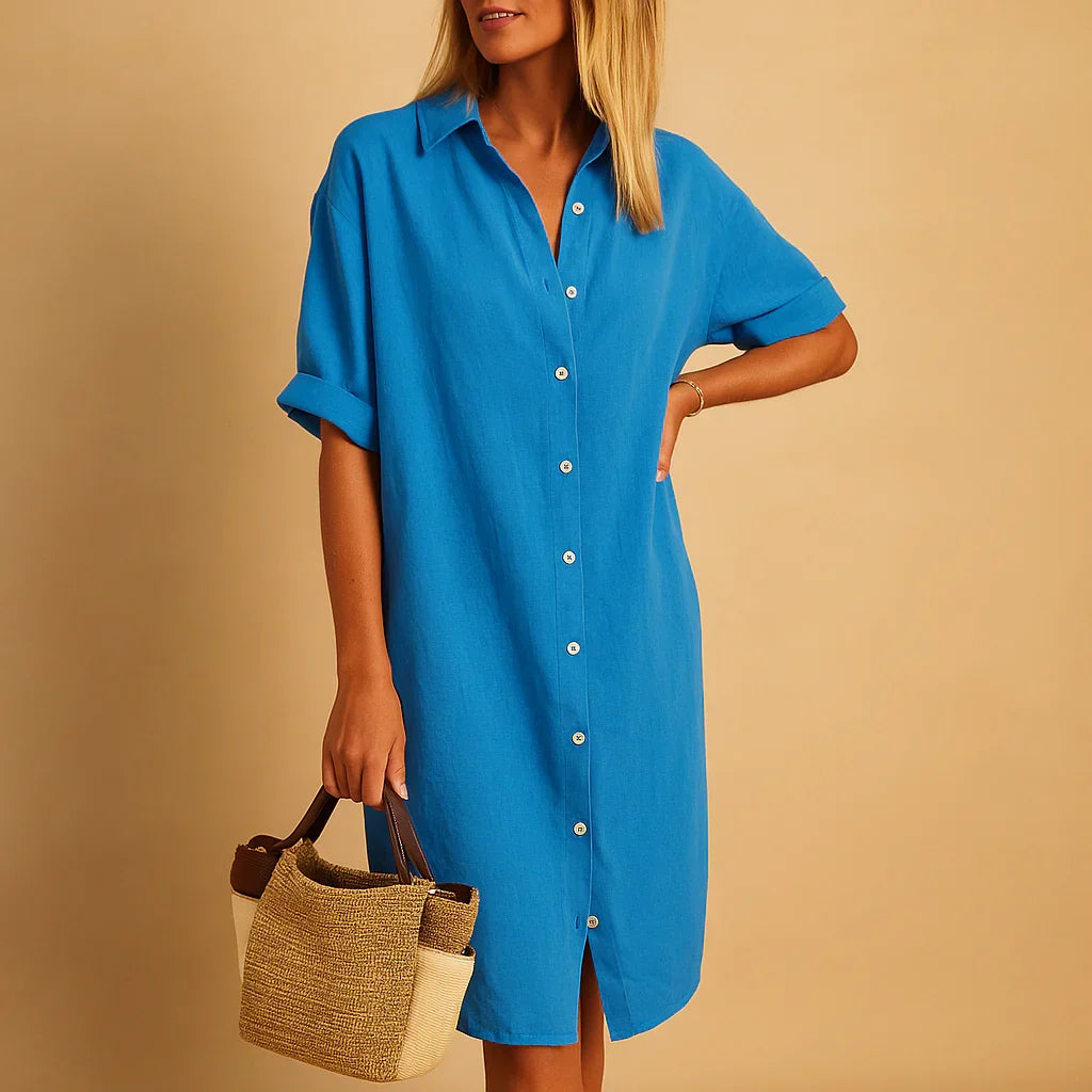 Veelzijdige zomer overhemdjurk voor dames met knopen en korte mouwen, casual en comfortabel.
