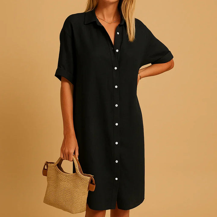 Dames relaxte overhemdjurk met korte mouwen en knoopjes, ideaal voor zomer en lente.