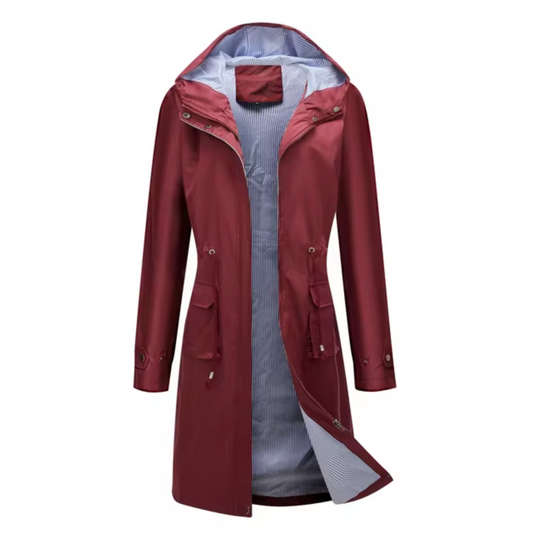 "Lange waterdichte damesjas met capuchon, beschermt tegen regen en wind, flatterend silhouet, outdoor gebruik."