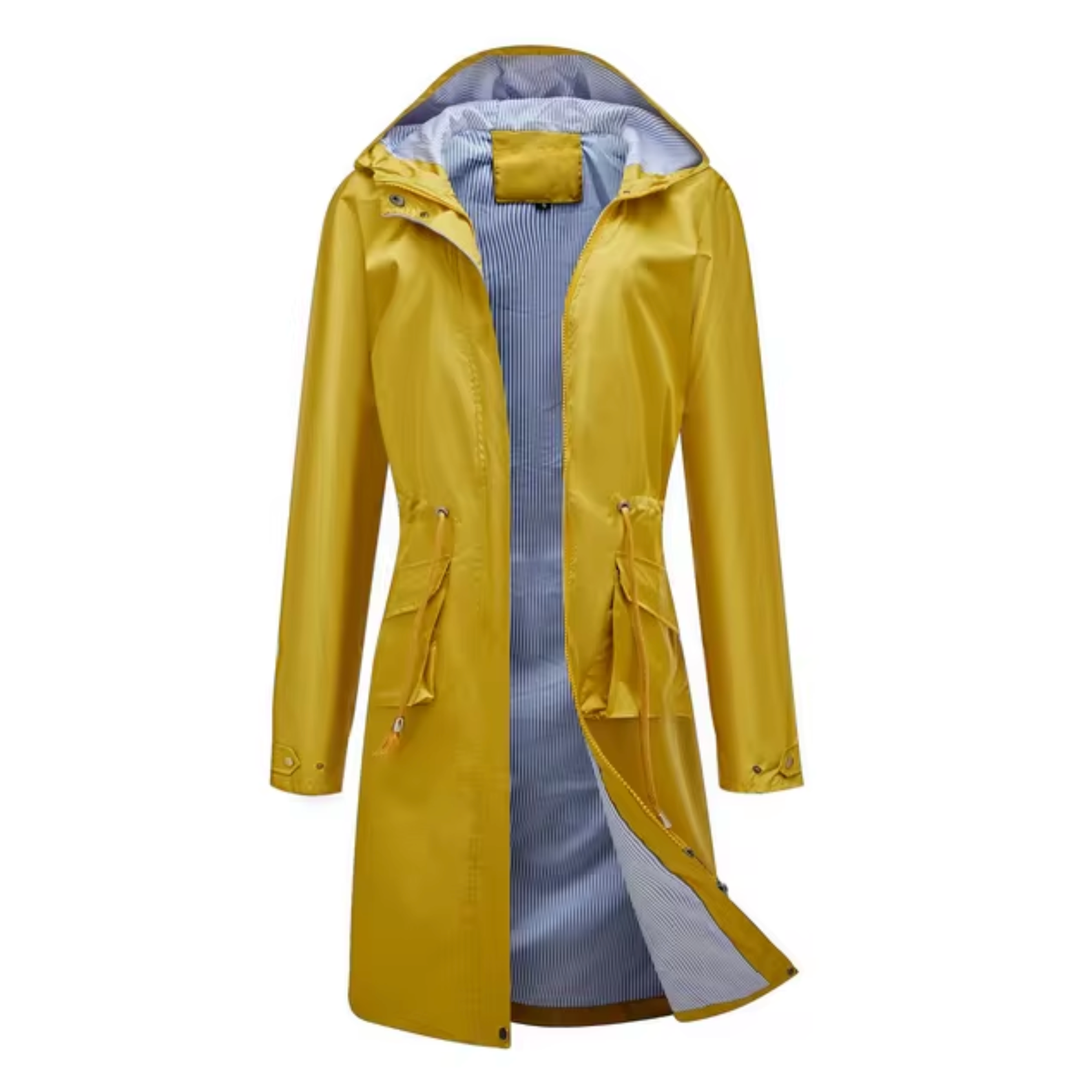 "Lange waterdichte damesjas met capuchon, beschermt tegen regen en wind, flatterend silhouet, outdoor gebruik."