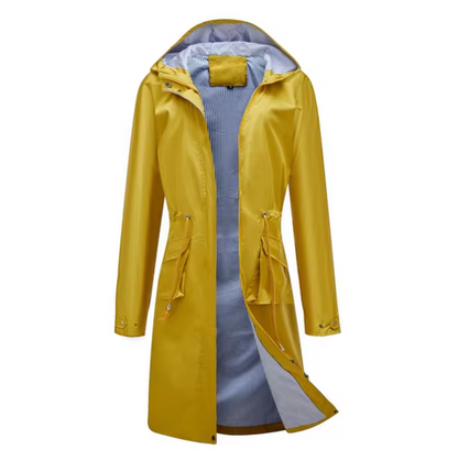 "Lange waterdichte damesjas met capuchon, beschermt tegen regen en wind, flatterend silhouet, outdoor gebruik."