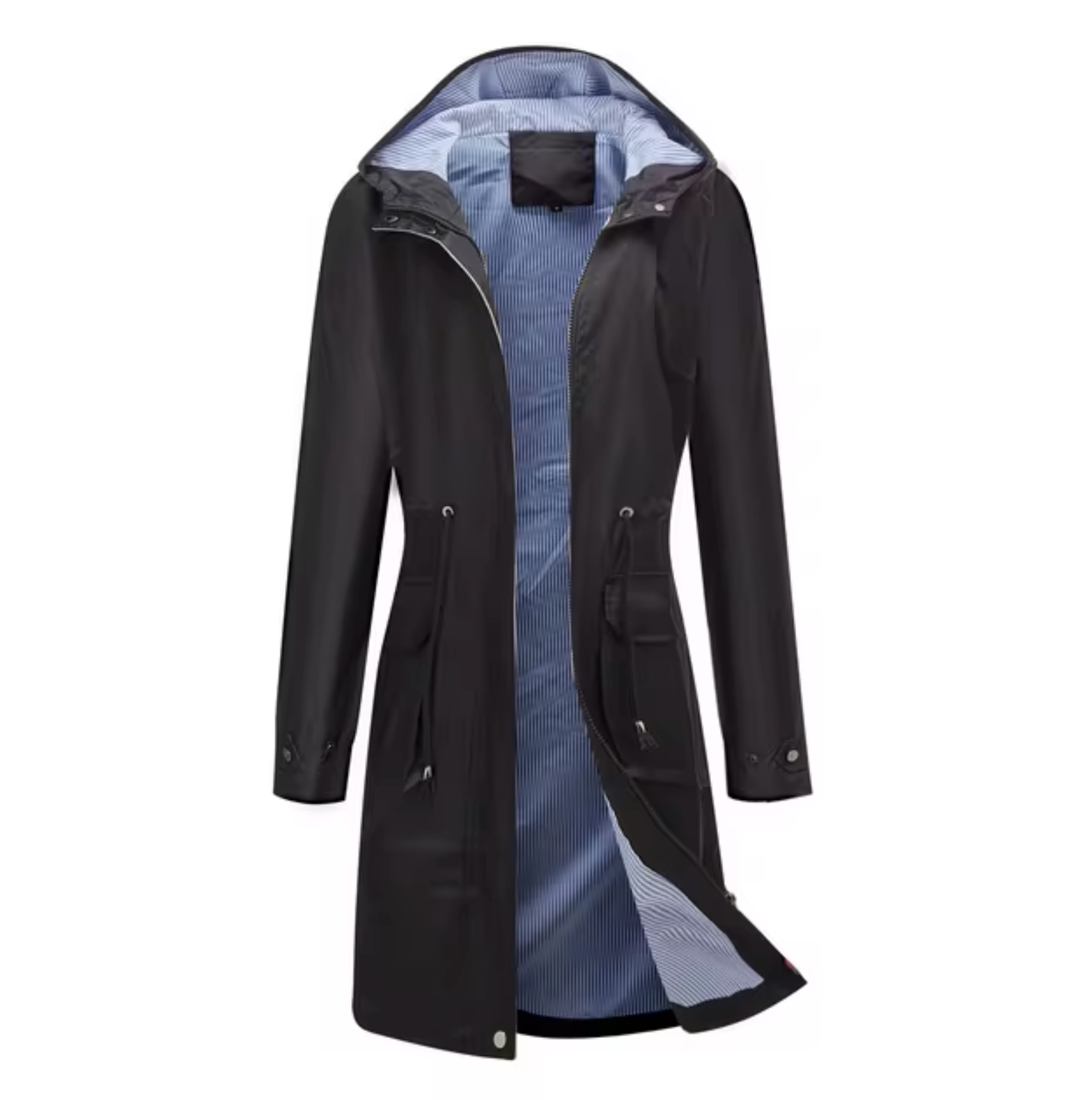 "Lange waterdichte damesjas met capuchon, beschermt tegen regen en wind, flatterend silhouet, outdoor gebruik."