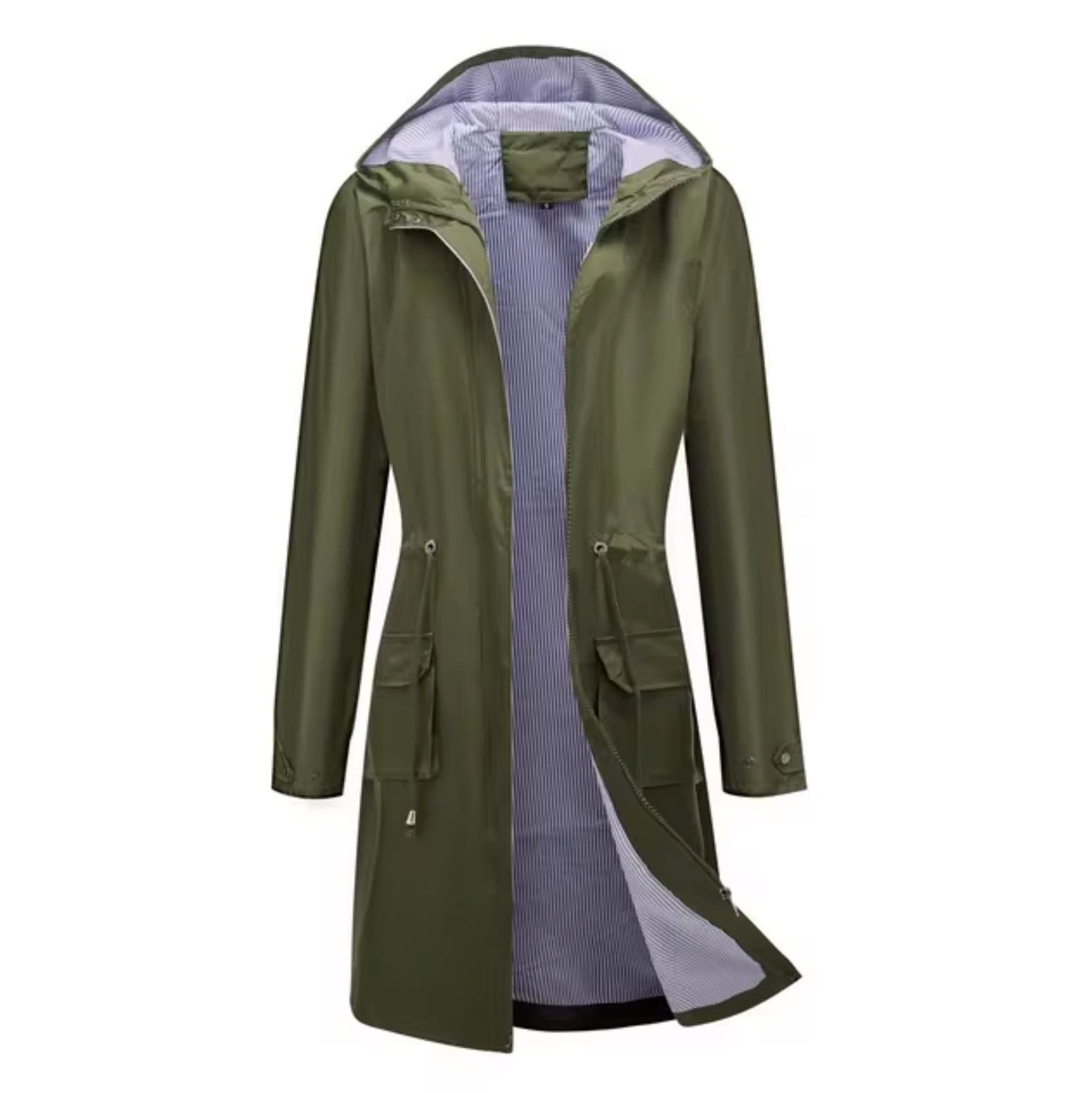 "Lange waterdichte damesjas met capuchon, beschermt tegen regen en wind, flatterend silhouet, outdoor gebruik."