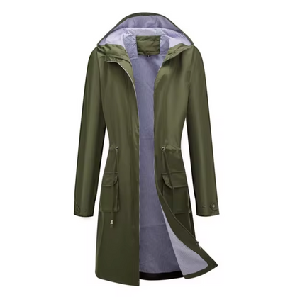 "Lange waterdichte damesjas met capuchon, beschermt tegen regen en wind, flatterend silhouet, outdoor gebruik."