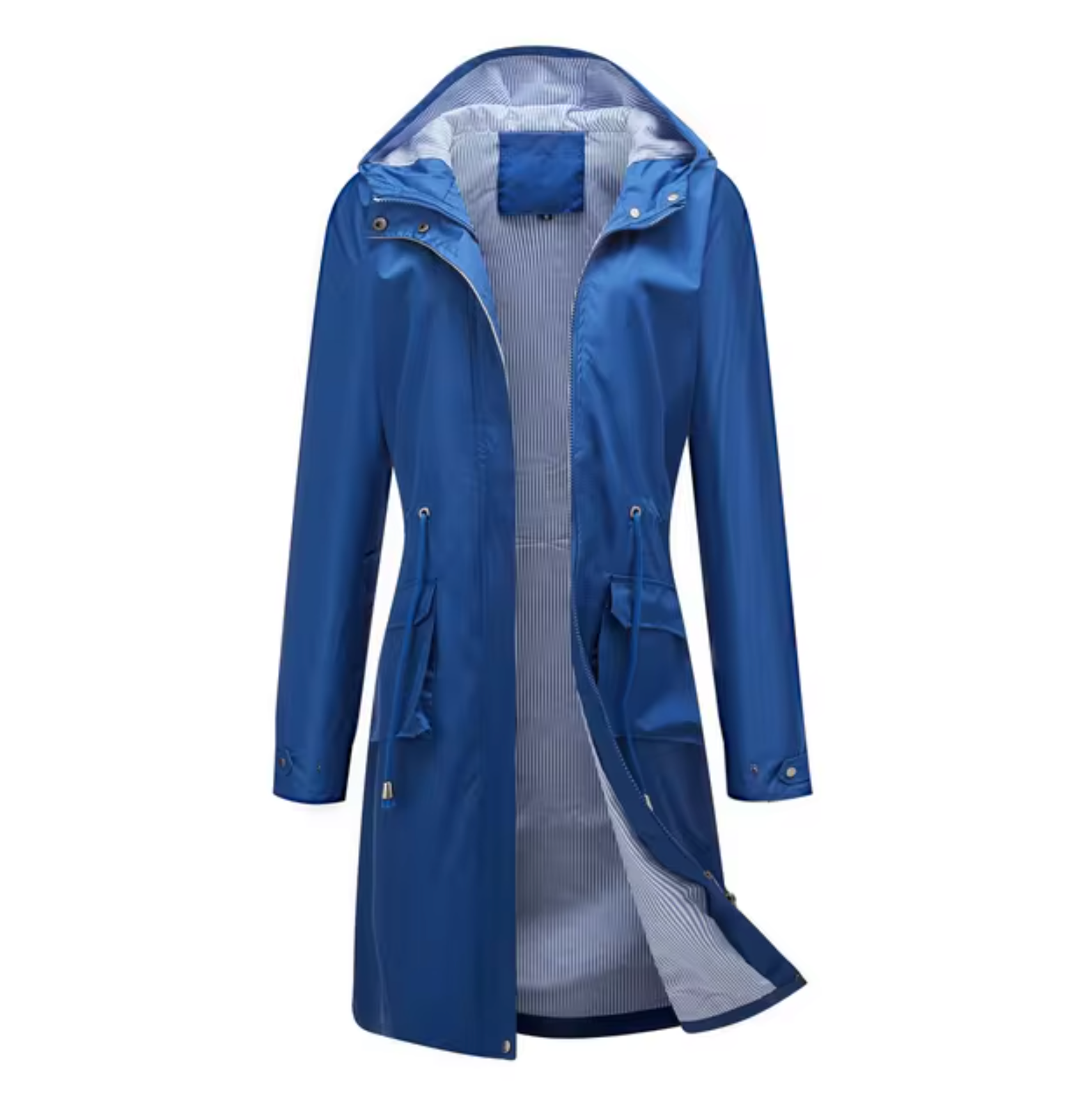 "Lange waterdichte damesjas met capuchon, beschermt tegen regen en wind, flatterend silhouet, outdoor gebruik."