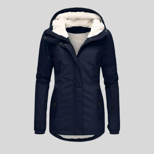 "Lange winterjas, waterdicht, met capuchon en zachte voering voor dames, biedt style en bescherming voor koud weer."
