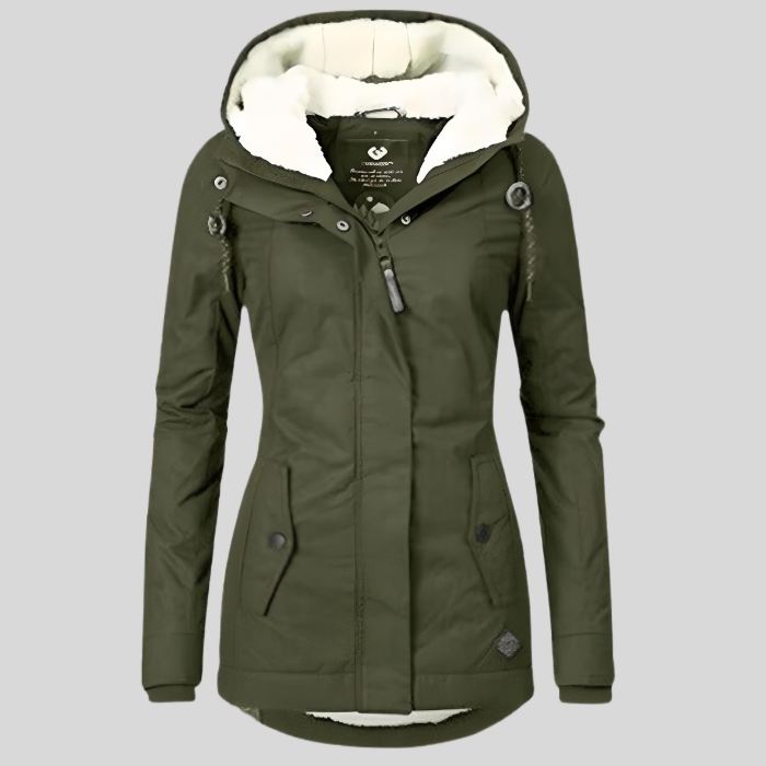 "Lange winterjas, waterdicht, met capuchon en zachte voering voor dames, biedt style en bescherming voor koud weer."