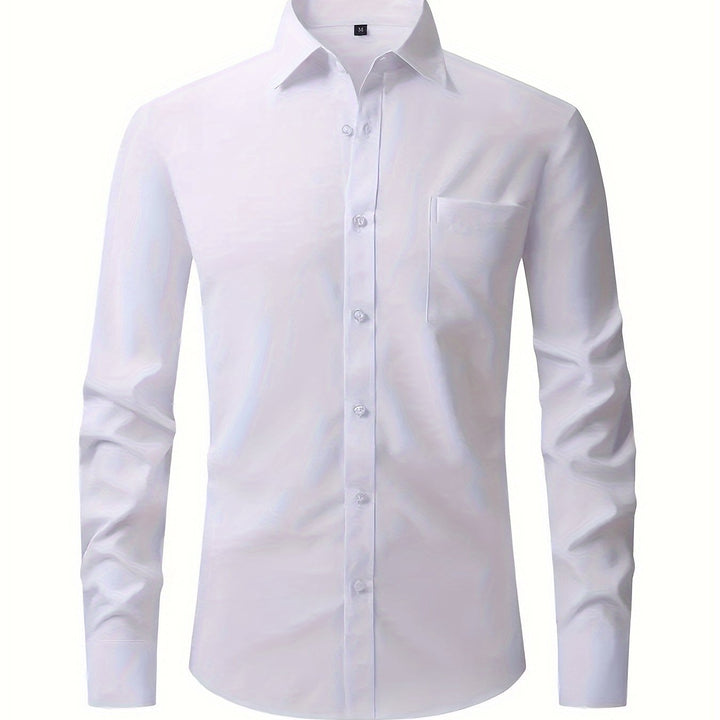 Effen heren overhemd met reverskraag en lange mouw, ideaal voor een formele of business casual look.