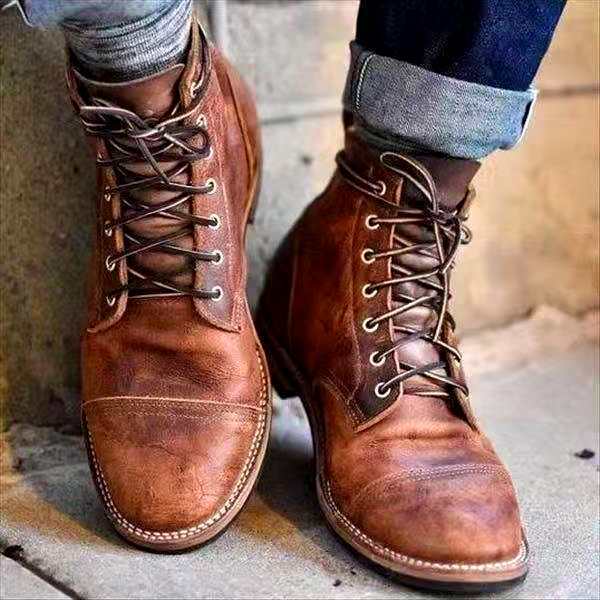 Bruine heren retro veterboots, comfortabele enkellaarsjes voor elke gelegenheid. Stijlvolle casual herenschoenen.
