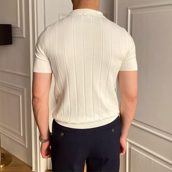 Comfortabele ribgebreide polo voor heren, perfect als zomer- of winter polo, veelzijdig en modern.