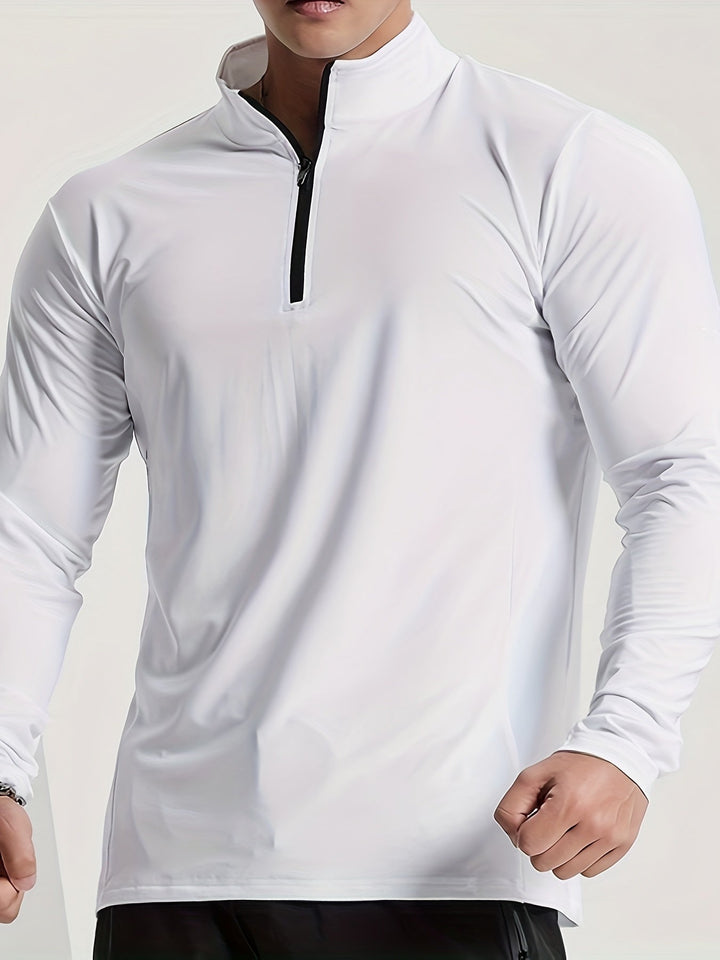 Stijlvol heren T-shirt, slim-fit met halve rits, lange mouwen en opstaande kraag, perfect voor lente/herfst.
