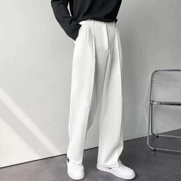 Trendy herenpantalon met wijde pijpen in Parijse stijl, zwart, gemaakt van ademende katoenmix voor comfort.