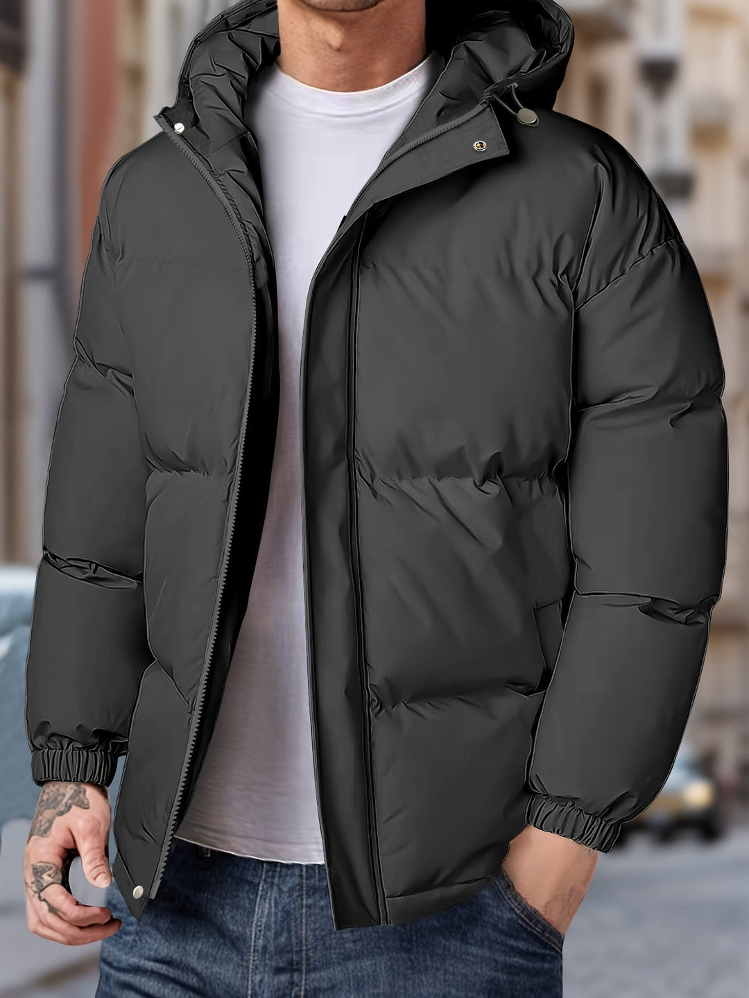 Duurzaam heren winterjack, winddicht en warm. Parka model met capuchon en katoenmix stof.