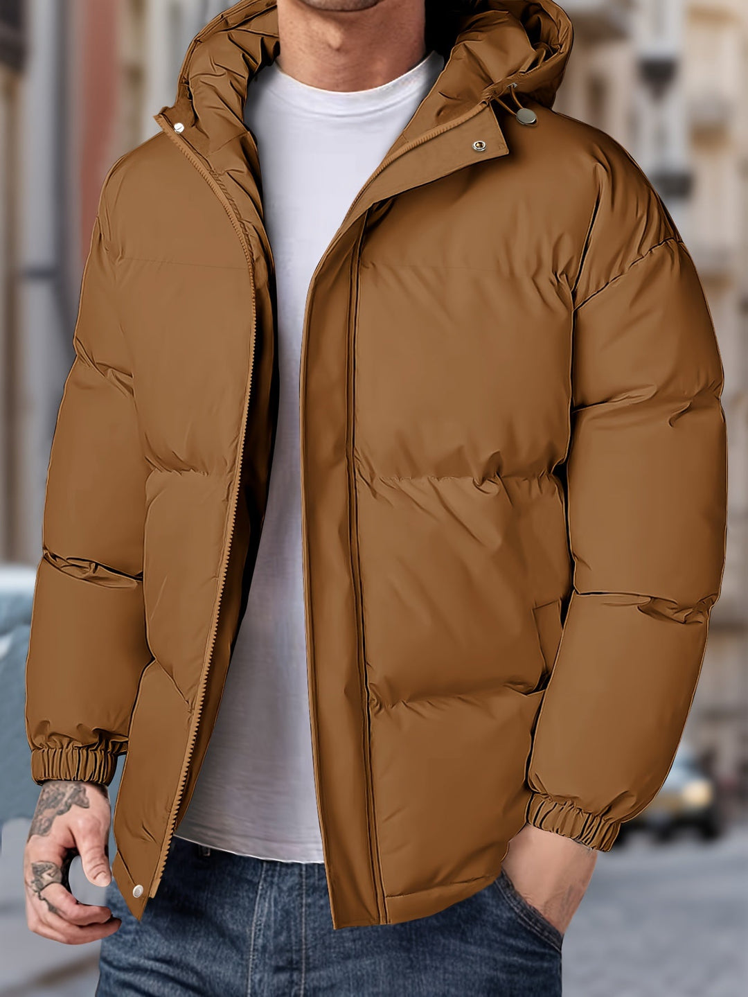 Modieus heren winterjack met capuchon, warme en winddichte jas voor alle winterse omstandigheden.