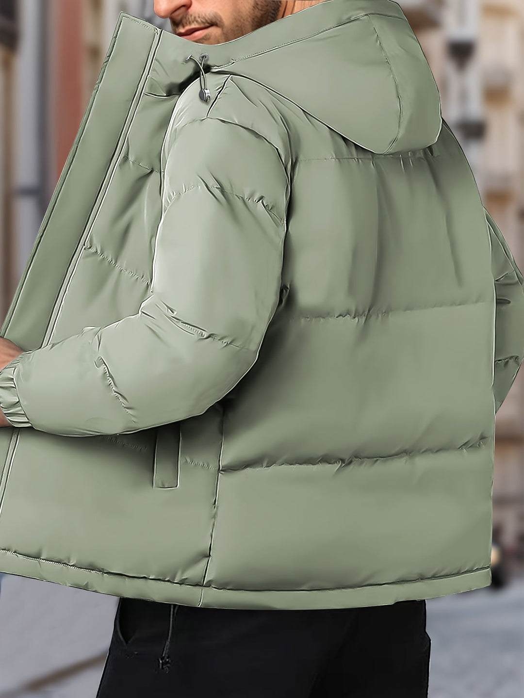 Zwart heren winterjack van katoenmix, winddicht en warm met een functionele capuchon.