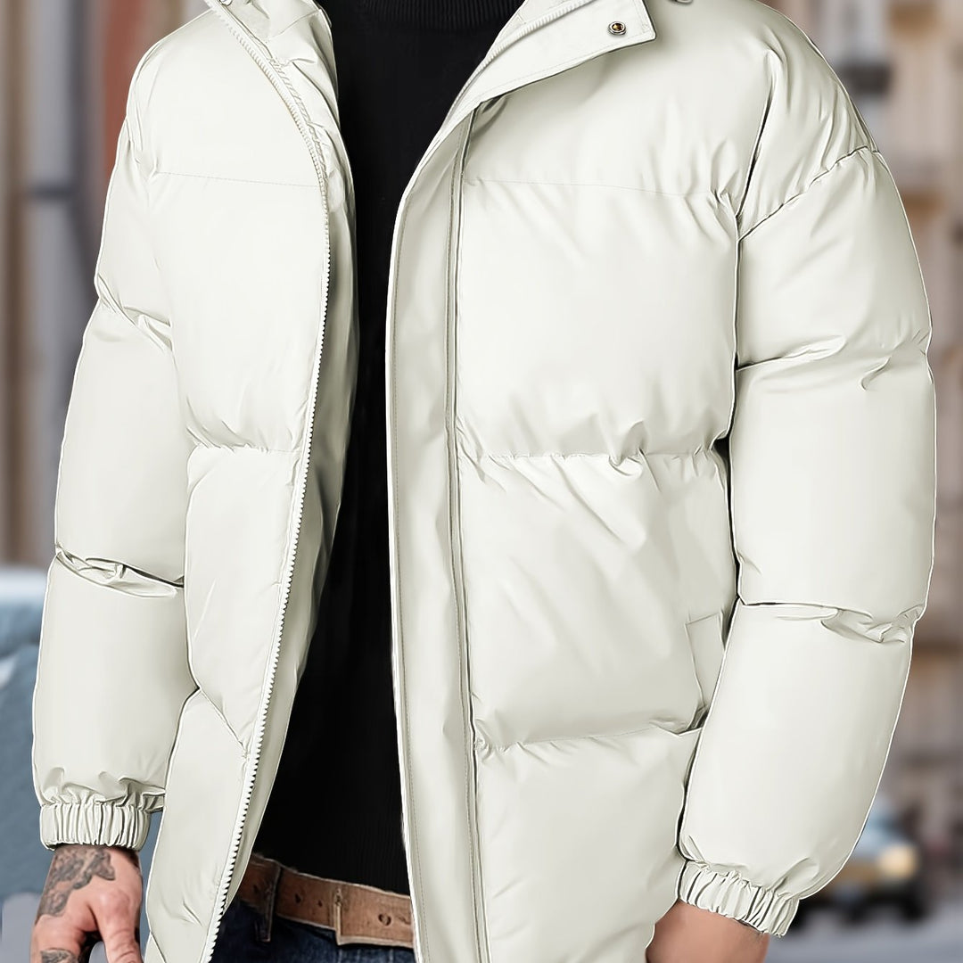 Grijs heren winterjack parka, warm en winddicht, met capuchon en handige zakken.