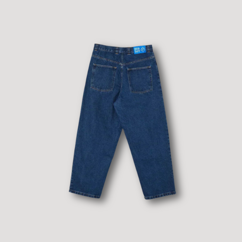 Blauwe heren baggy spijkerbroek. Wijde pijp en comfortabele losse pasvorm, essentieel voor streetwear herenkleding.
