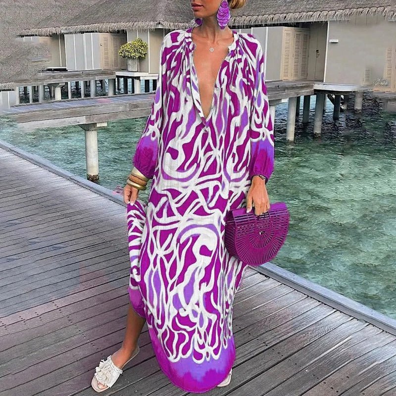 Comfortabele casual dames maxi jurk met lange mouwen en unieke bohemian print, een must-have zomerjurk.