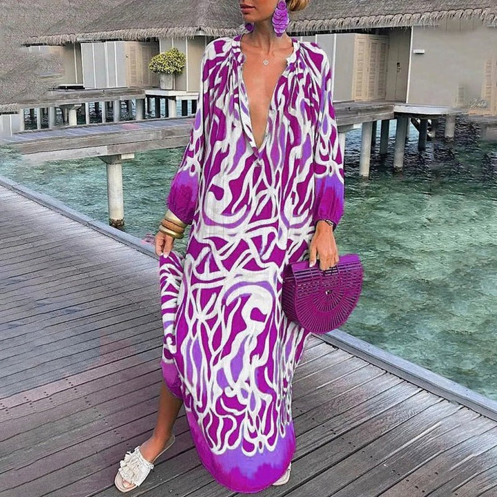 Comfortabele casual dames maxi jurk met lange mouwen en unieke bohemian print, een must-have zomerjurk.