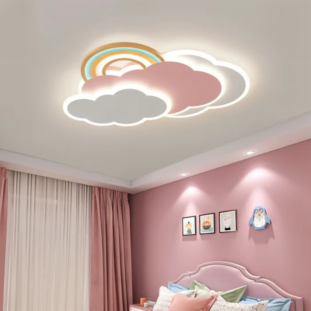 LED plafondlamp kinderkamer met kleurrijk regenbooglicht en wolkenmotieven, creëert magische sfeer en energiezuinig.