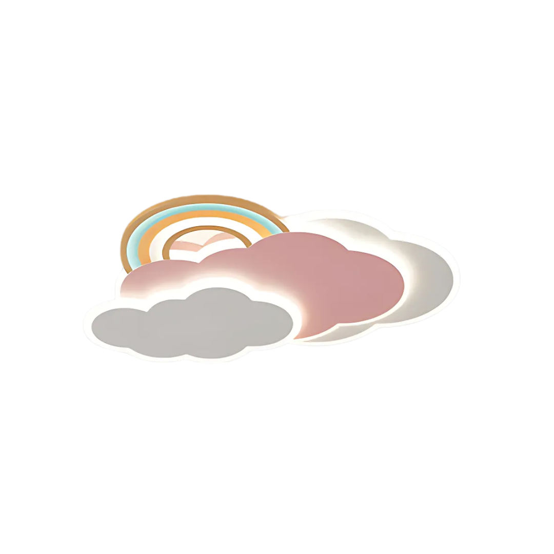 LED plafondlamp kinderkamer met kleurrijk regenbooglicht en wolkenmotieven, creëert magische sfeer en energiezuinig.