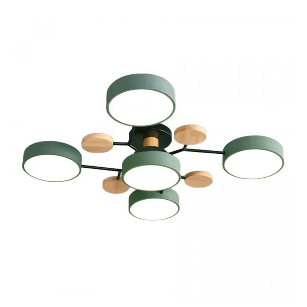 "LED plafondlamp modern Scandinavisch design, metaal en hout, artistieke lichttakken, warme en dimbare verlichting."
