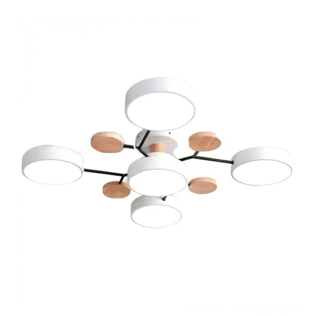 "LED plafondlamp modern Scandinavisch design, metaal en hout, artistieke lichttakken, warme en dimbare verlichting."