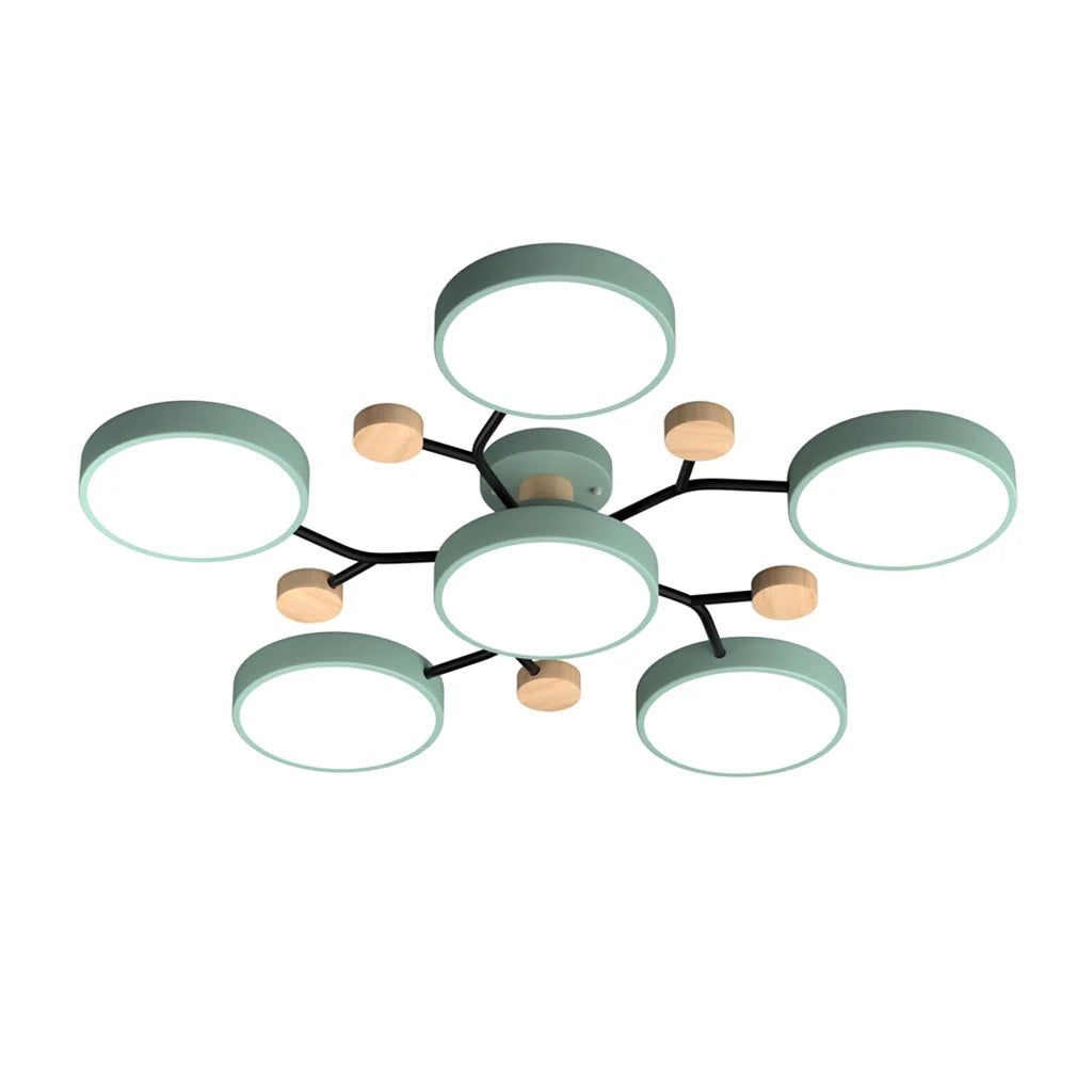 "LED plafondlamp modern Scandinavisch design, metaal en hout, artistieke lichttakken, warme en dimbare verlichting."