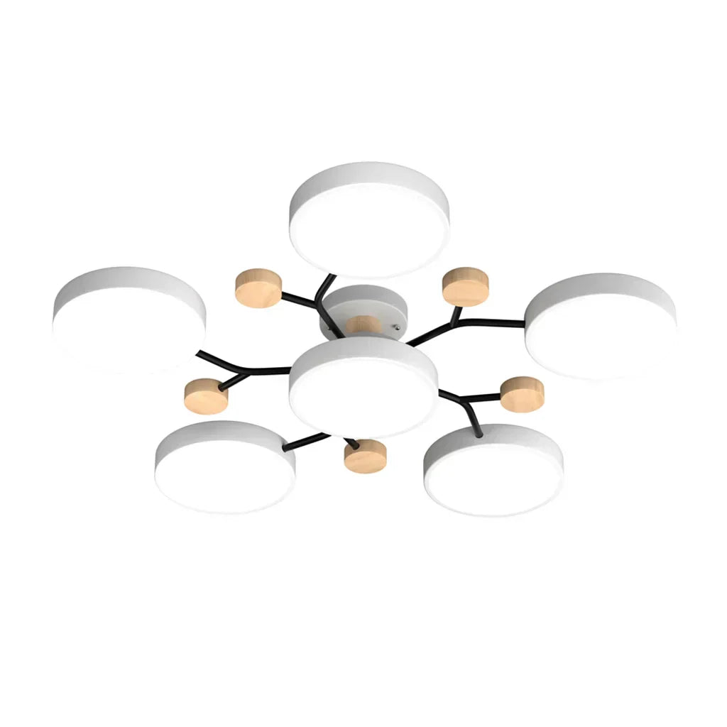 "LED plafondlamp modern Scandinavisch design, metaal en hout, artistieke lichttakken, warme en dimbare verlichting."