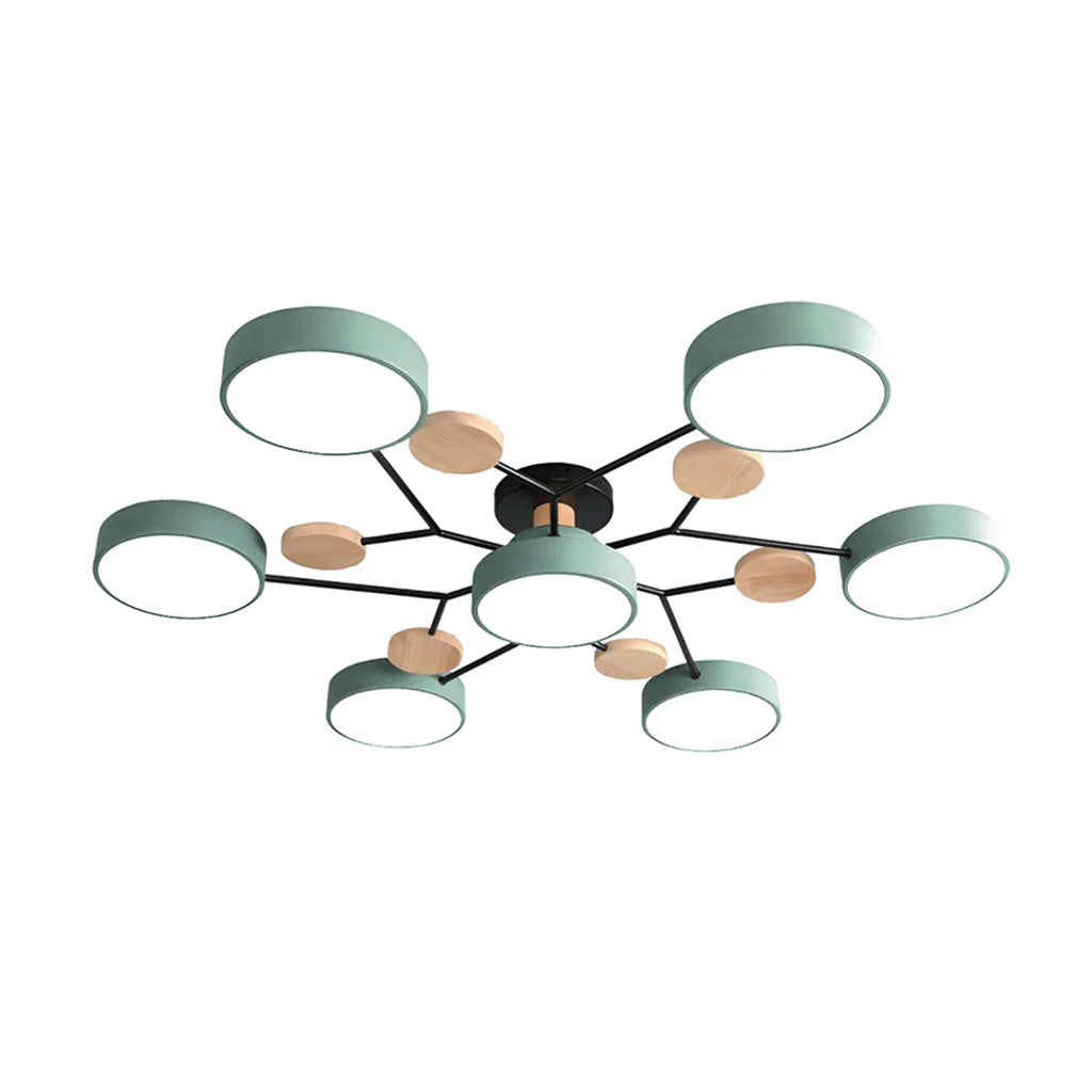 "LED plafondlamp modern Scandinavisch design, metaal en hout, artistieke lichttakken, warme en dimbare verlichting."