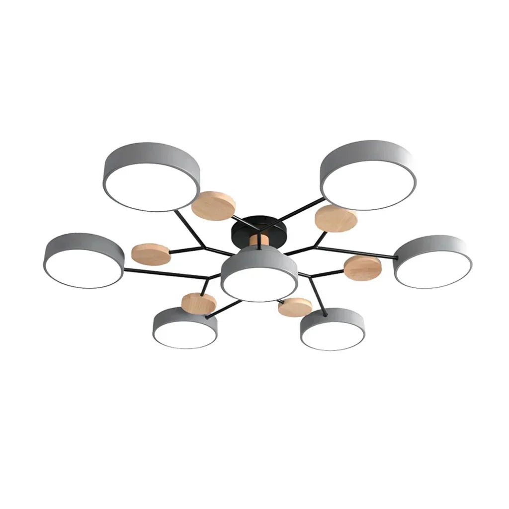 "LED plafondlamp modern Scandinavisch design, metaal en hout, artistieke lichttakken, warme en dimbare verlichting."