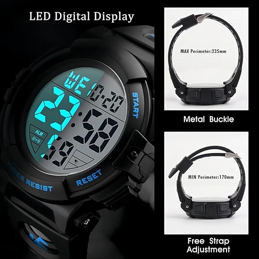 Waterdicht heren horloge met helder digitaal LED display voor gemakkelijke tijdweergave tijdens sportactiviteiten.