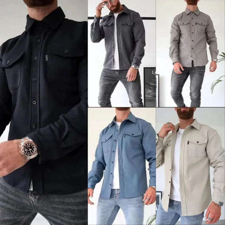 Opgevouwen heren overhemdjas, een stijlvol en veelzijdig overshirt voor lente en herfst.
