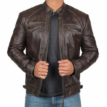"Leren motorjack heren, stoere vintage look, robuust leer met bescherming, geschikt voor ritten en casual uitjes."