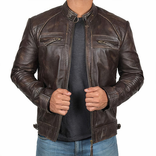 "Leren motorjack heren, stoere vintage look, robuust leer met bescherming, geschikt voor ritten en casual uitjes."