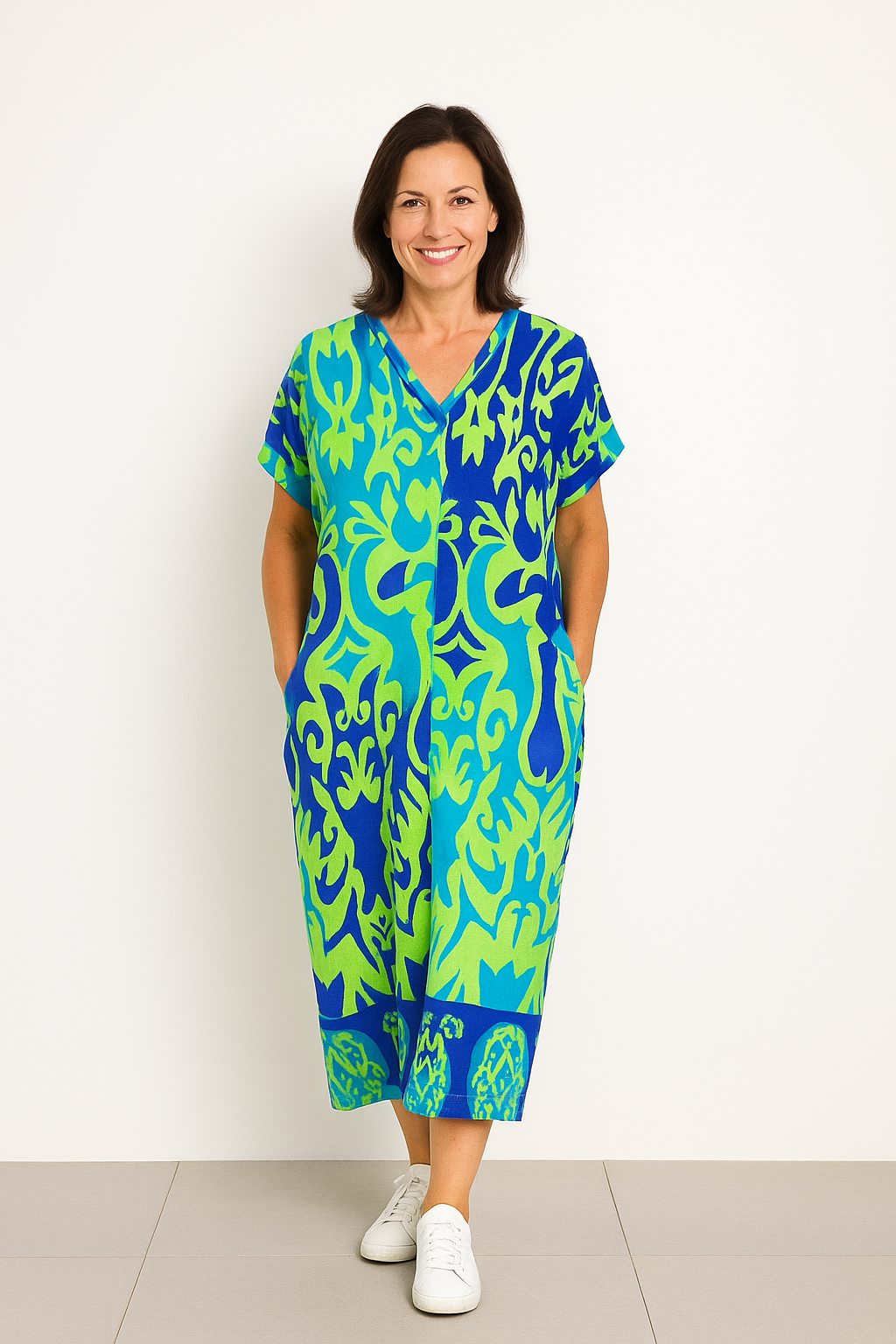 "Levendige bedrukte kaftan maxi jurk met tropisch dessin, V-hals en korte mouwen, ideaal voor zomerse dagen en avonden."