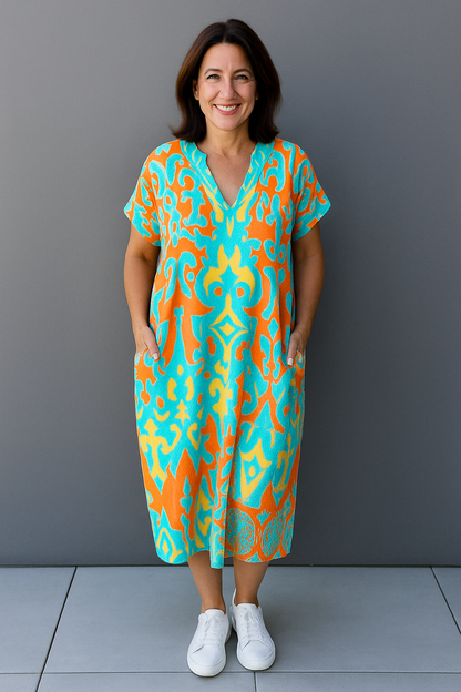 "Levendige bedrukte kaftan maxi jurk met tropisch dessin, V-hals en korte mouwen, ideaal voor zomerse dagen en avonden."