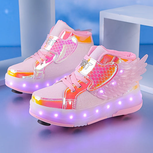 Lichtgevende oplaadbare kindervleugel rolschaats-sneakers met kleurrijke LED-verlichting en speelse vleugels voor avonturiers