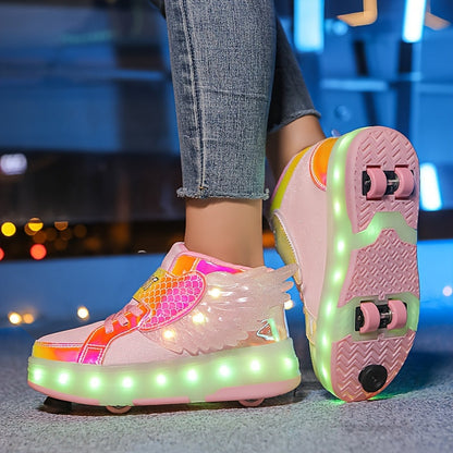 Lichtgevende oplaadbare kindervleugel rolschaats-sneakers met kleurrijke LED-verlichting en speelse vleugels voor avonturiers