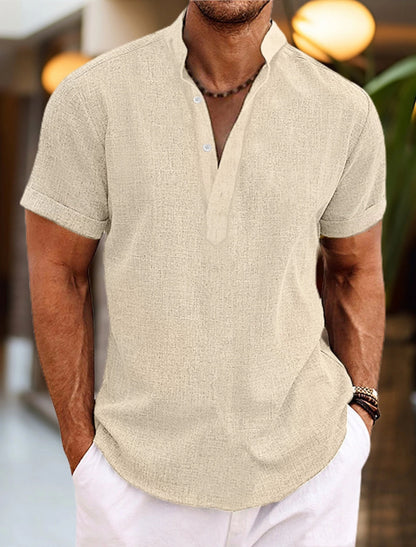 "Lichtgewicht casual Henley shirt voor heren, ademend, met opstaande kraag en halve knoopsluiting in roze tinten."
