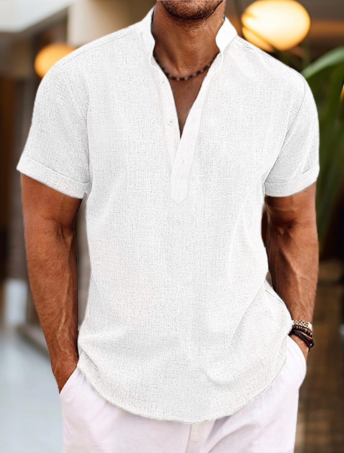 "Lichtgewicht casual Henley shirt voor heren, ademend, met opstaande kraag en halve knoopsluiting in roze tinten."