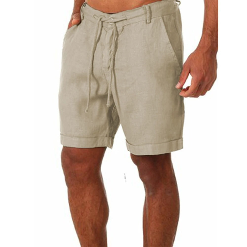 "Lichtgewicht linnen heren korte broek, casual stijl, ademende stof, elastische tailleband, ideaal voor zomeravonturen."