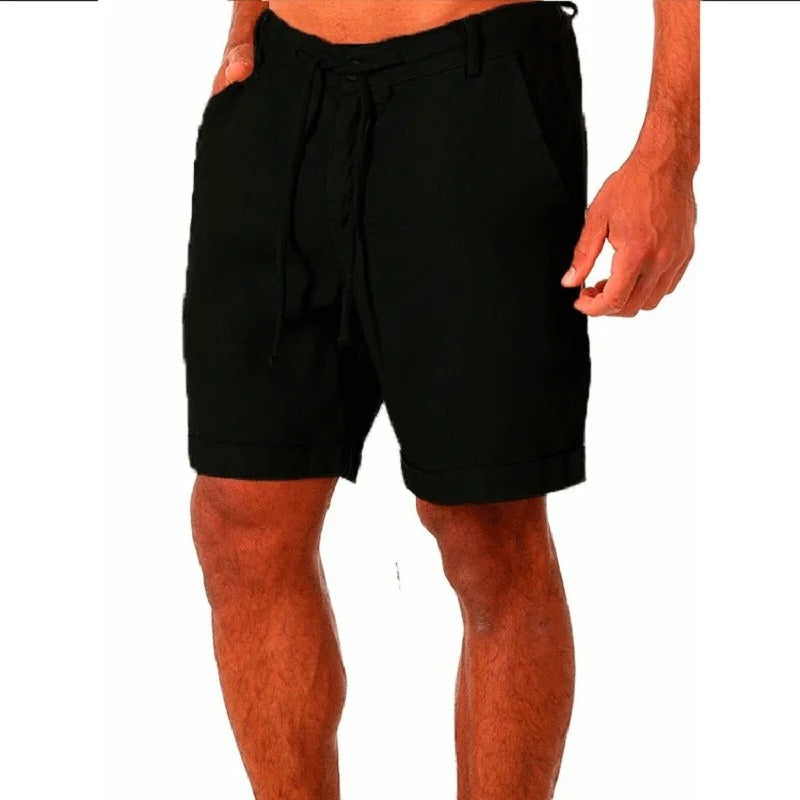 "Lichtgewicht linnen heren korte broek, casual stijl, ademende stof, elastische tailleband, ideaal voor zomeravonturen."