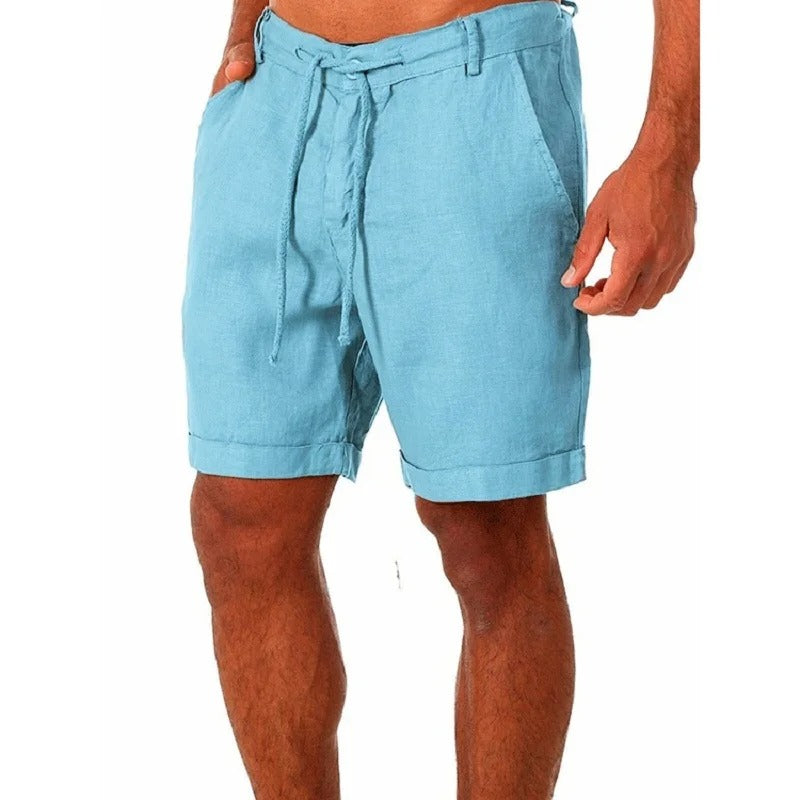 "Lichtgewicht linnen heren korte broek, casual stijl, ademende stof, elastische tailleband, ideaal voor zomeravonturen."