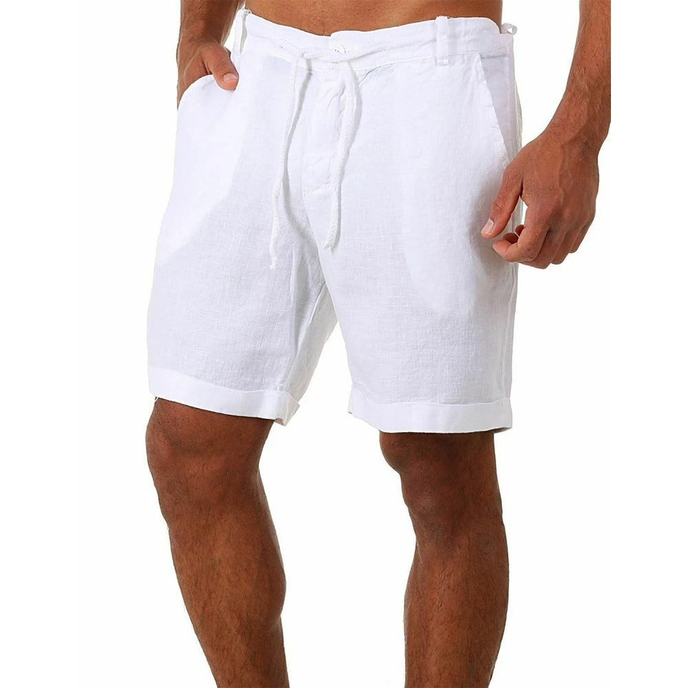 "Lichtgewicht linnen heren korte broek, casual stijl, ademende stof, elastische tailleband, ideaal voor zomeravonturen."