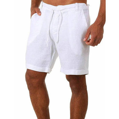 "Lichtgewicht linnen heren korte broek, casual stijl, ademende stof, elastische tailleband, ideaal voor zomeravonturen."